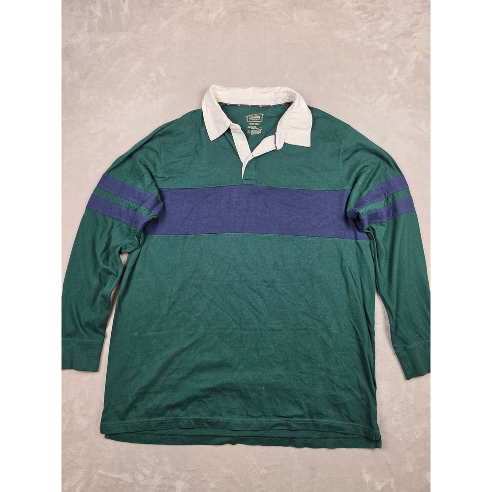 The Foundry Rugby Shirt Mens 2XLT Green Stripe Long Sleeve Polo Cotton Faded